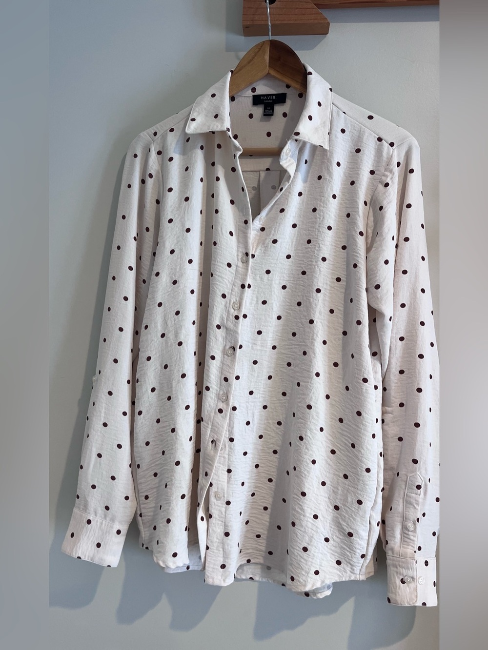 Haver London Polka Dot Blouse Shirt SMALL Button Down Silky Long Sleeve 3/4